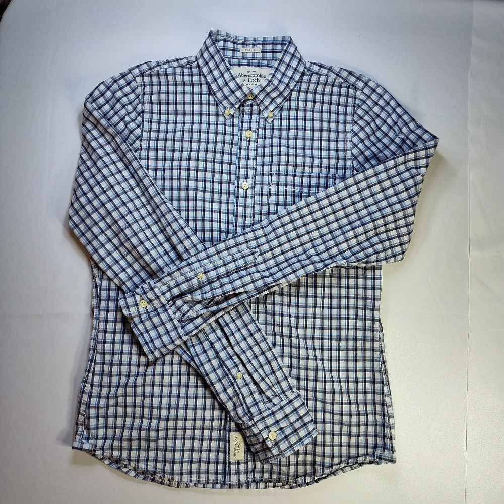 Abercrombie & Fitch Black Navy White Plaid Men's Long Sleeve Button Up Shirt Med